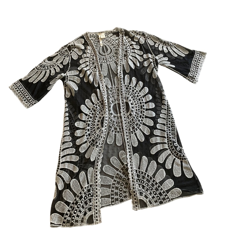 Forgotten Grace Kimono Women L/XL Black White Embroidered Mesh Sheer Cardigan